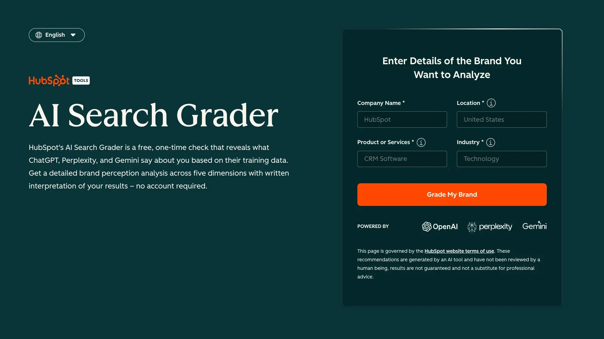 ahrefs brand radar alternatives: hubspot ai search grader form for company name, location, products or services, and industry