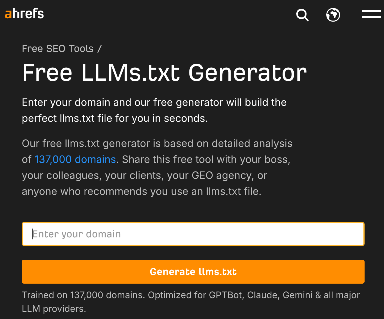 Ahrefs "Free LLMs.txt Generator" page with an input field "Enter your domain" and a button "Generate llms.txt".