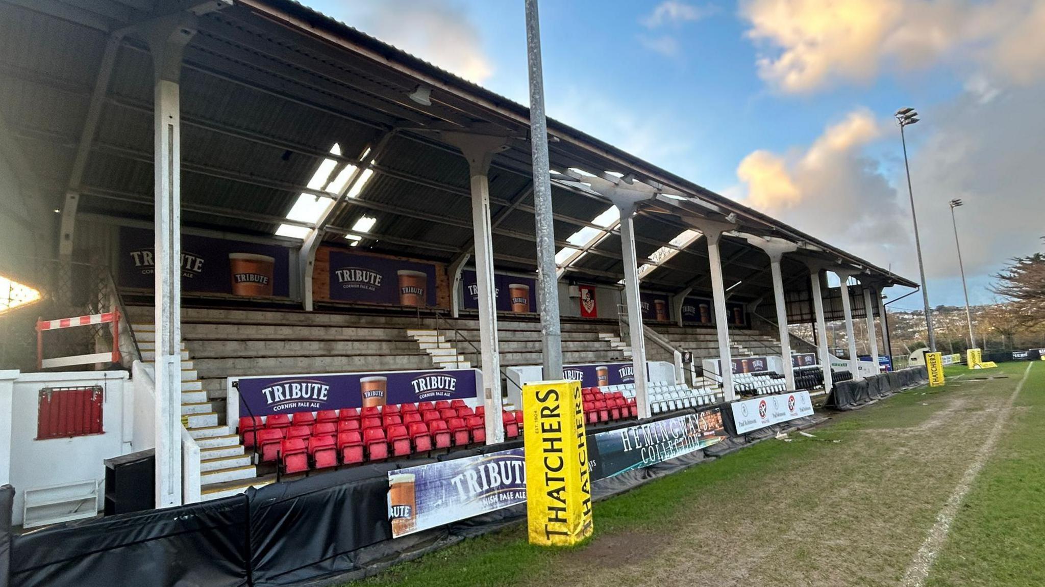 The damaged grandstand at the Mennaye Field