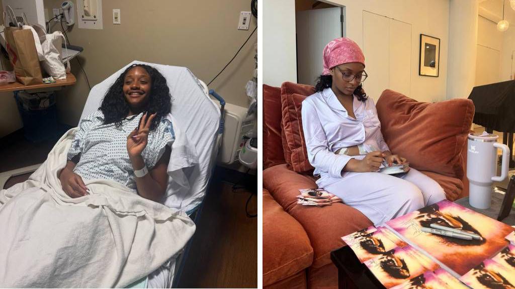A composite photo showing Ayra Starr in a hospital bed, and signing albums during her recovery from surgery
