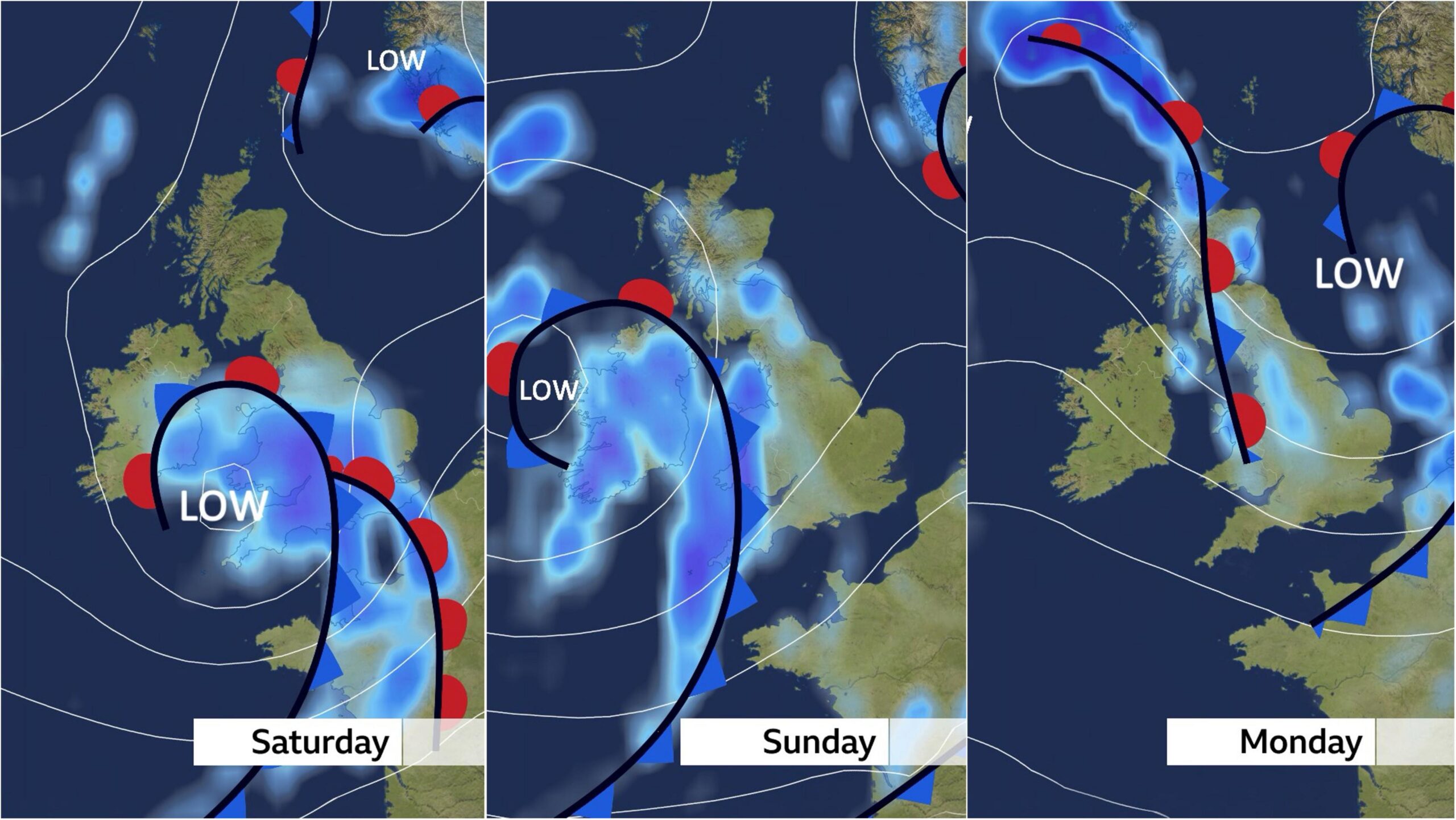Three weather maps showing rain-bearing areas of low pressure to the west of the UK on both Saturday and Sunday, and to the east on Monday