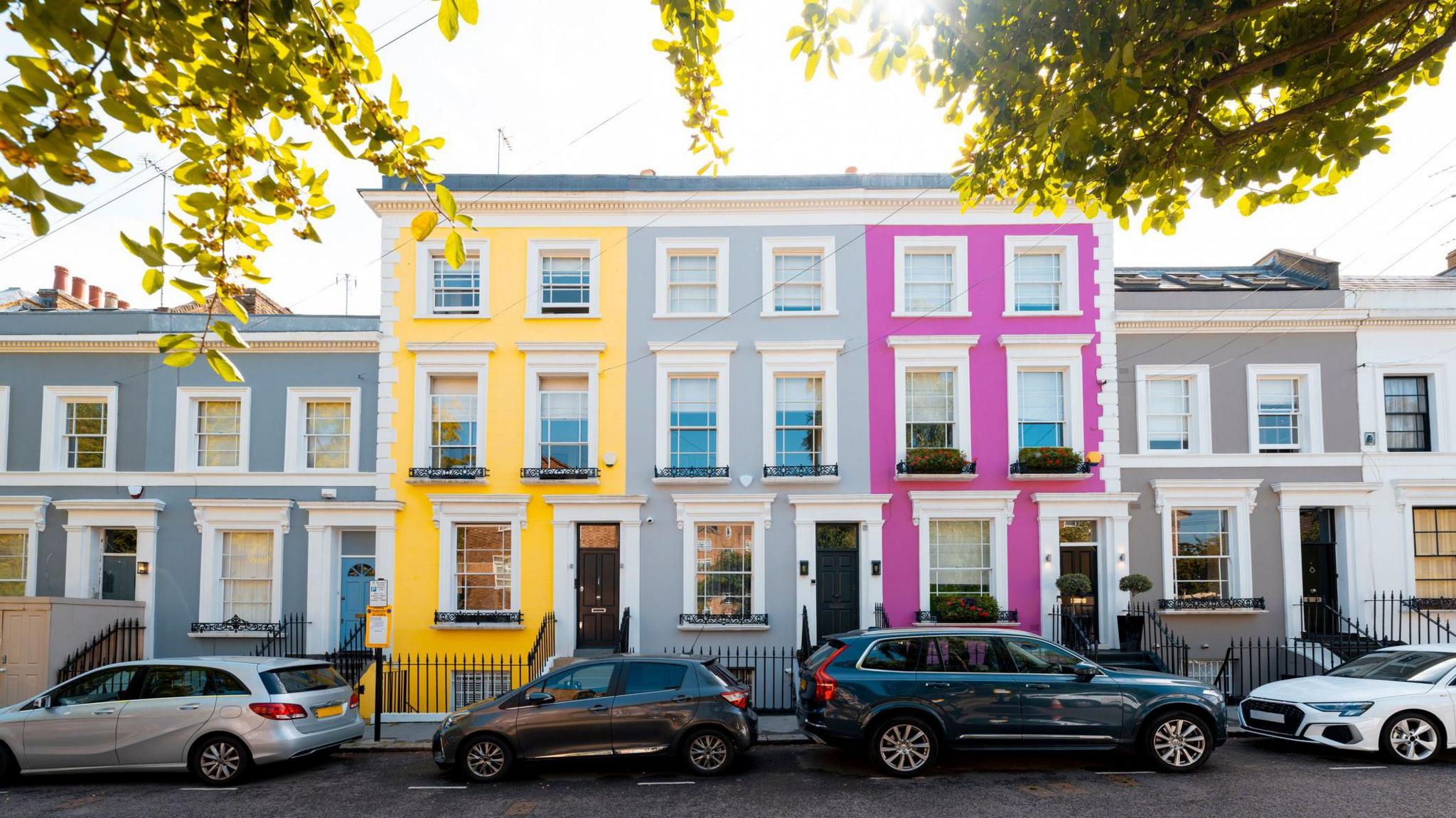A row of townhouses in an affluent tree-lined street in London painted in a range of colours with cars parked on the road front.