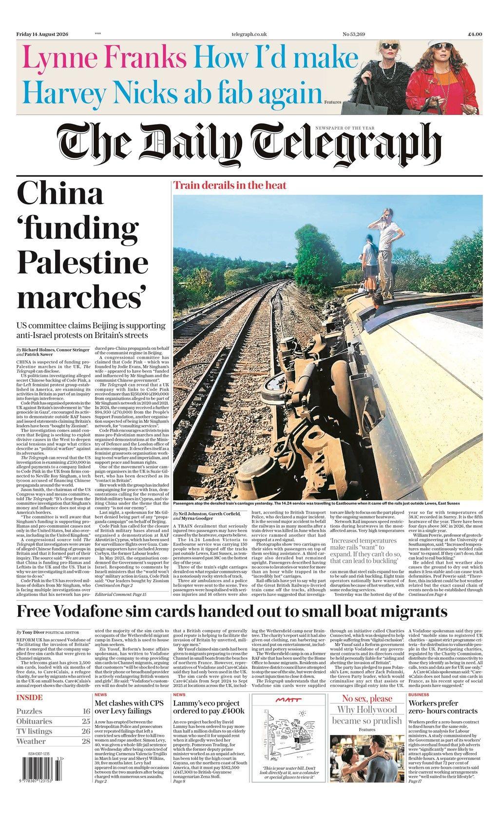 The headline on the front page of the Daily Telegraph reads: "China 'funding Palestine marches'."
