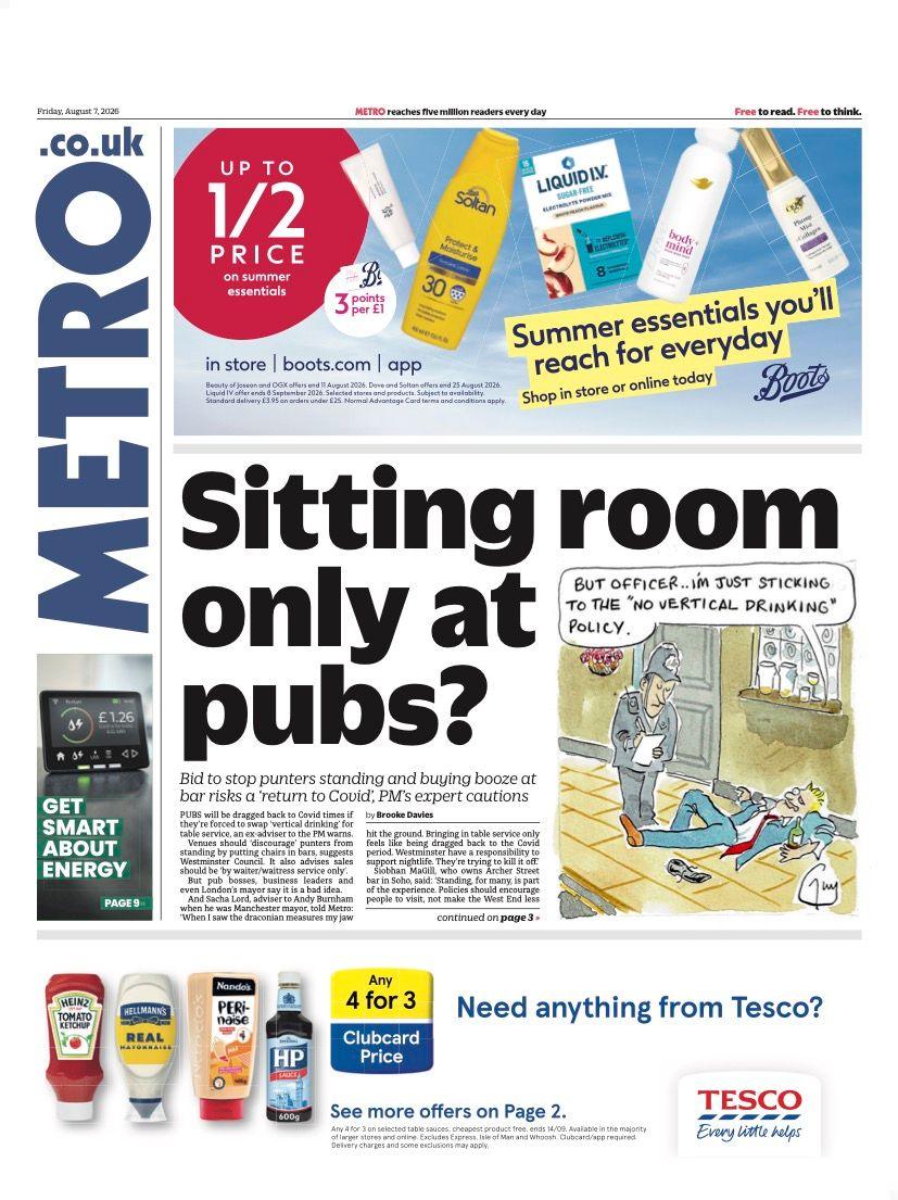 "Sitting room only at pubs?" reads the headline on the front page of Metro.