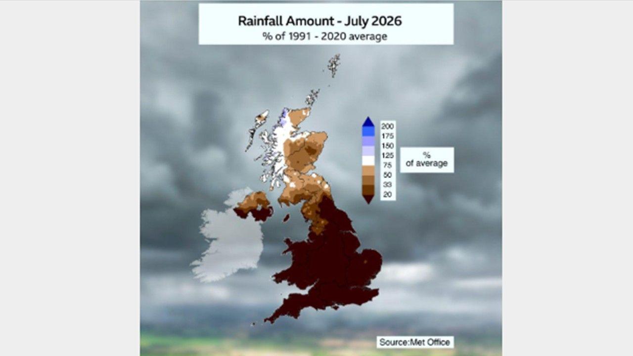 Met Office anomaly map showing that Wales and most of England have had significantly less rain than in an average July