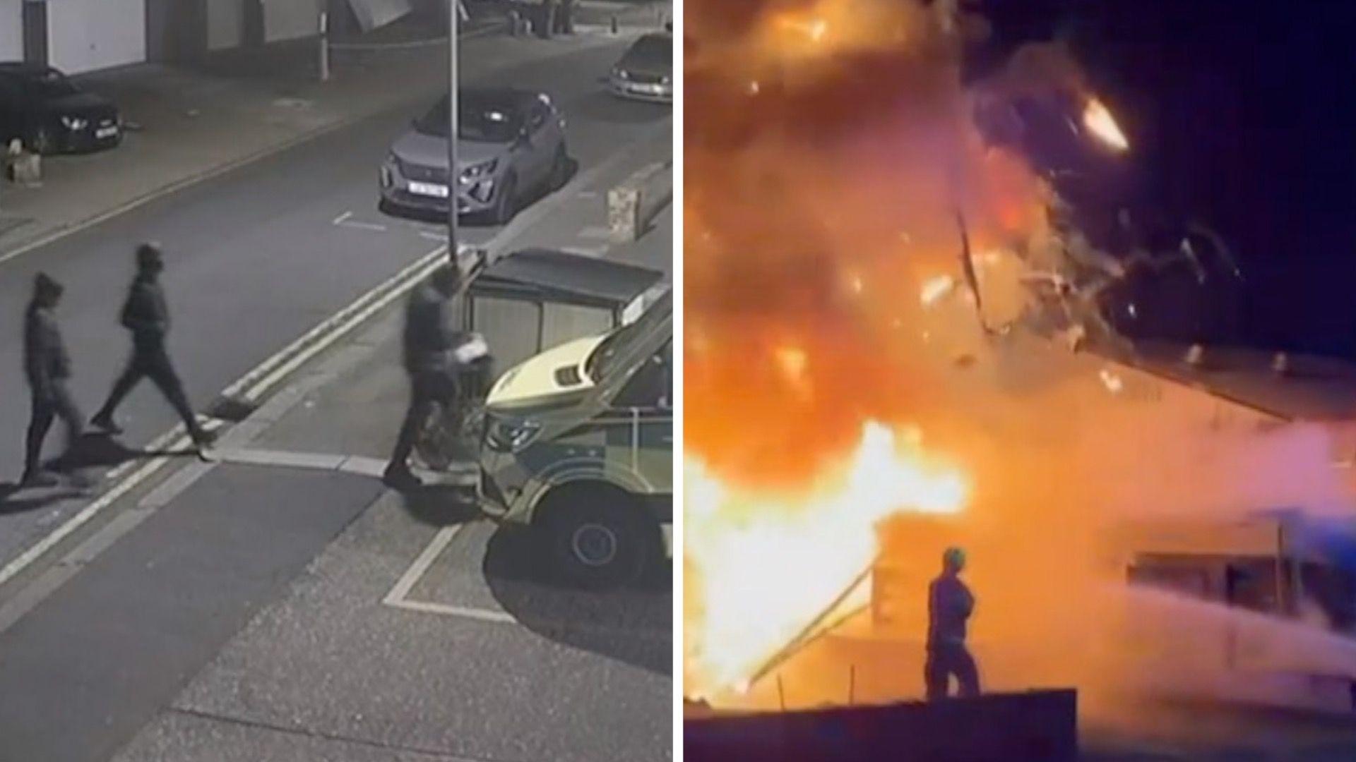 Composite image: First shows three hooded people walking up to an ambulance; second shows an explosion