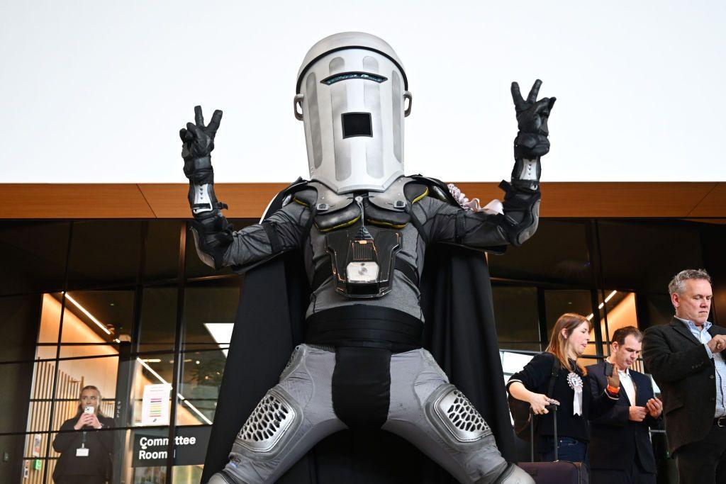 Count Binface, a candidate who stands for elections dressed as an independent space warrior, with a bin-shaped helmet