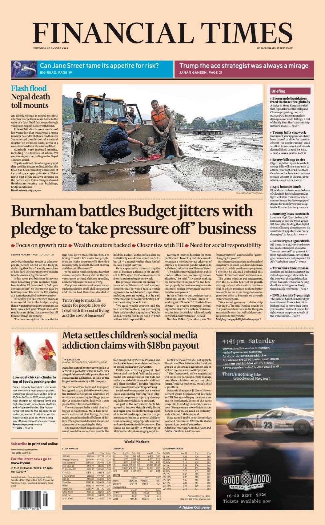 The headline on the front page of the Financial Times reads: "Burnham battles Budget jitters with pledge to 'take pressure off' business."