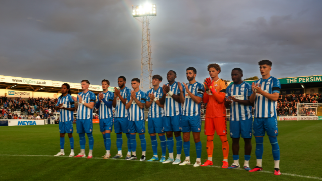 Hartlepool United Players clap at the pitch ahead of their Friday night game with Eastleigh.