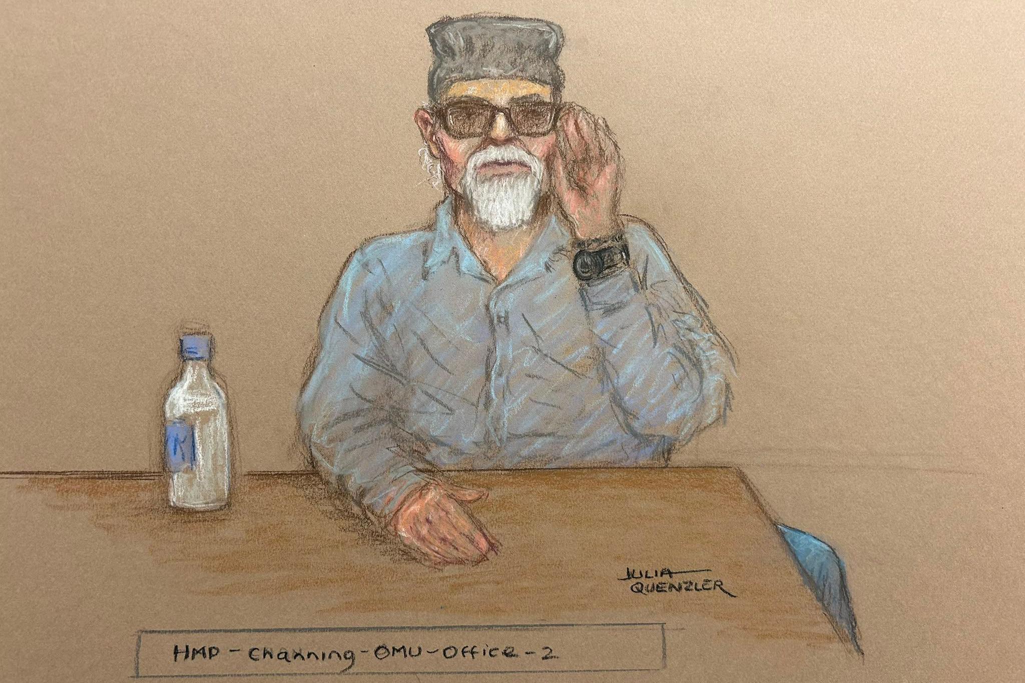 A court sketch of Paul Gadd (aka Gary Glitter) appearing via video link at Westminster Magistrates' Court, central London, where he is charged with sex offences against a girl dating back to 1978.