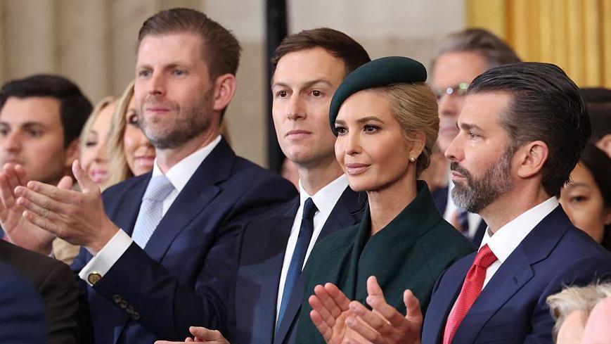 From L to R, Eric Trump, Jared Kushner, Ivanka Trump and Donald Trump, Jr. applaud during the inauguration of Donald Trump as the 47th president of the United States in the Rotunda of the US Capitol in Washington, DC, on January 20, 2025.