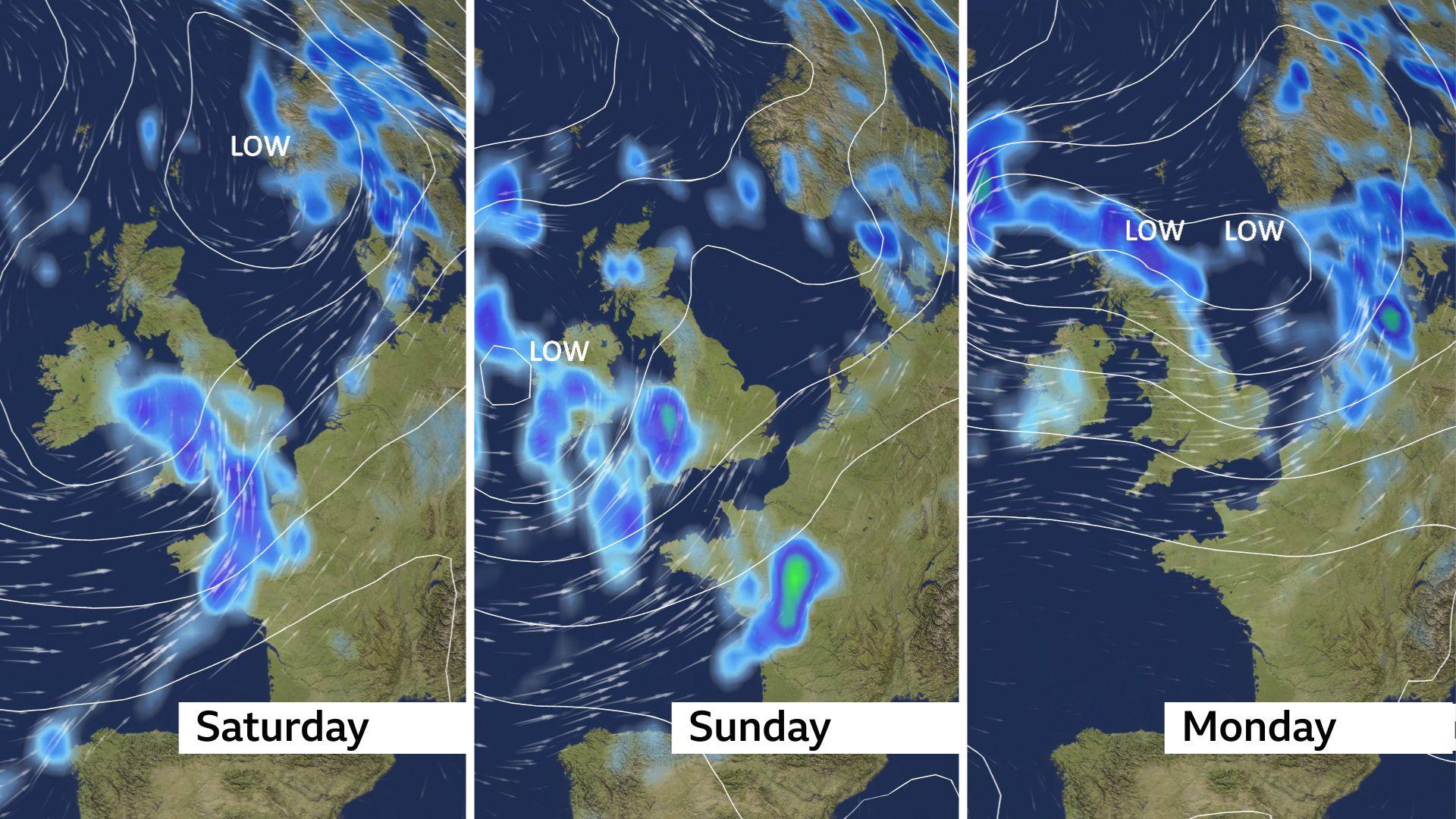 Three maps of the UK depicting Saturday, Sunday and Monday with blue clouds representing rain covering different areas of the map every day