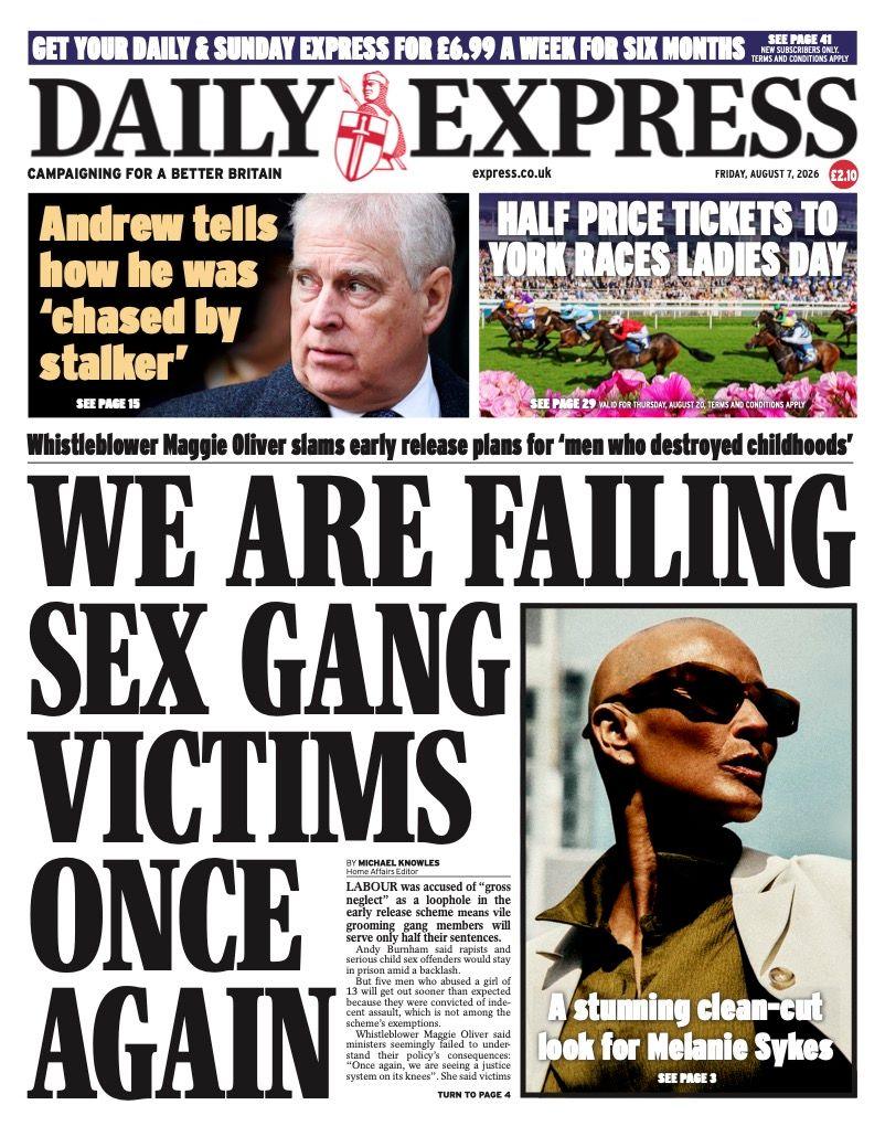 "We are failing sex gang victims once again" reads the headline on the front page of the Daily Express.
