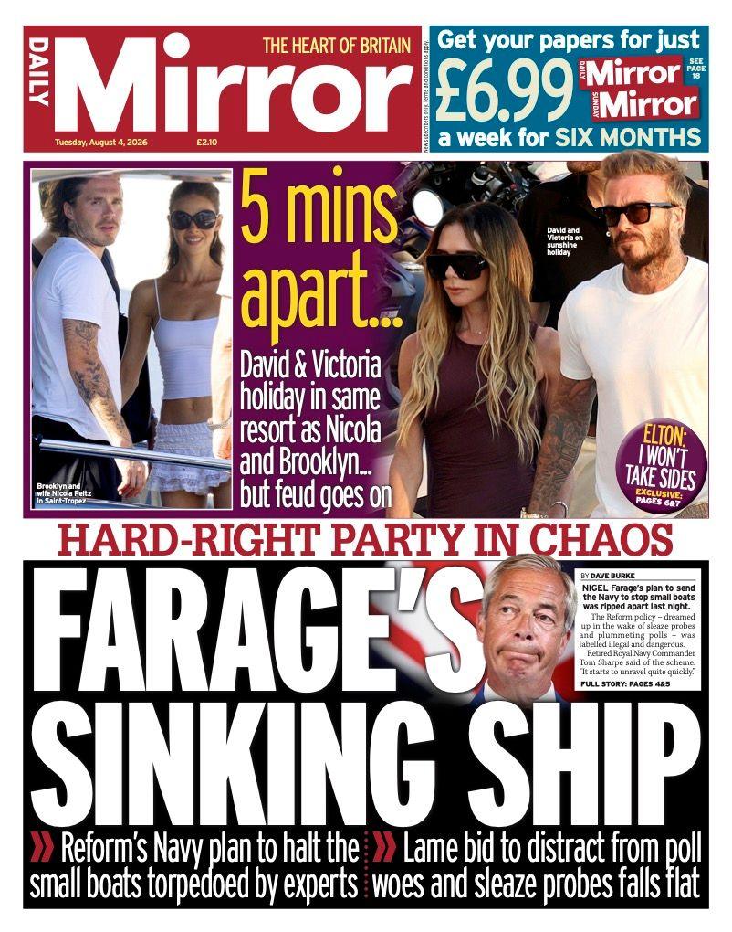 "Farage's sinking ship" reads the headline on the front page of the Daily Mirror.