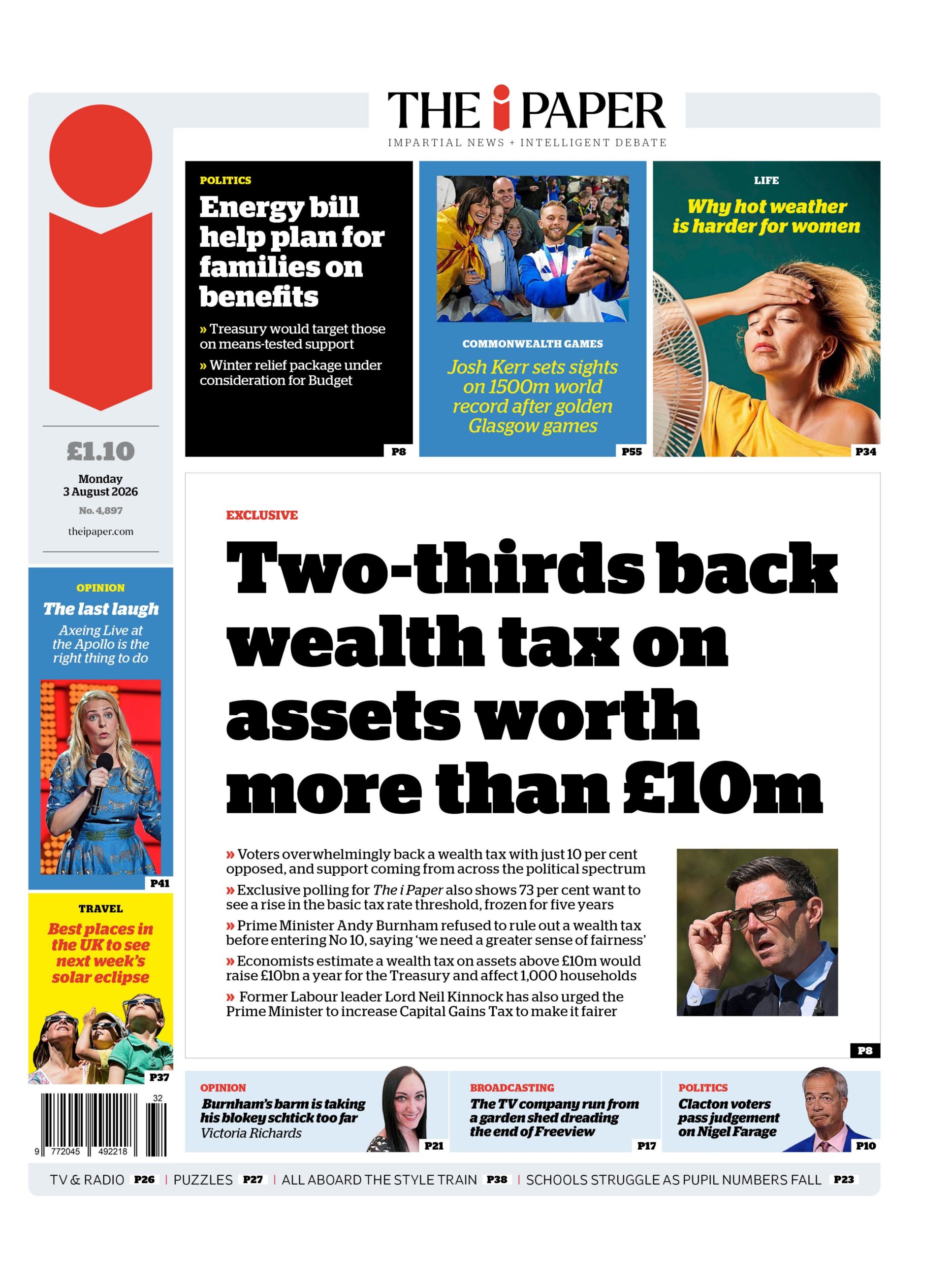 "Two-thirds back wealth tax on assets worth more than £10m" reads the headline on the front page of The i Paper.
