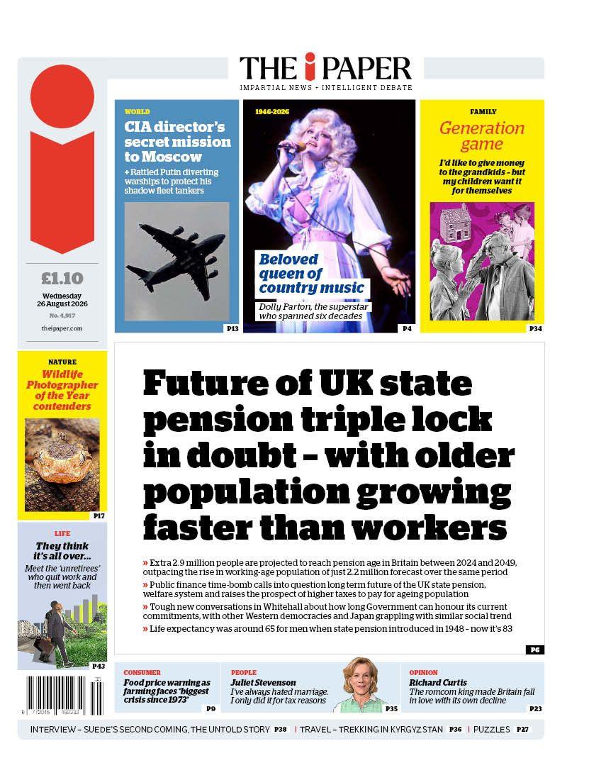 The headline on the front page of the i Paper reads: "Future of UK state pension triple lock in doubt - with older population growing faster than workers."
