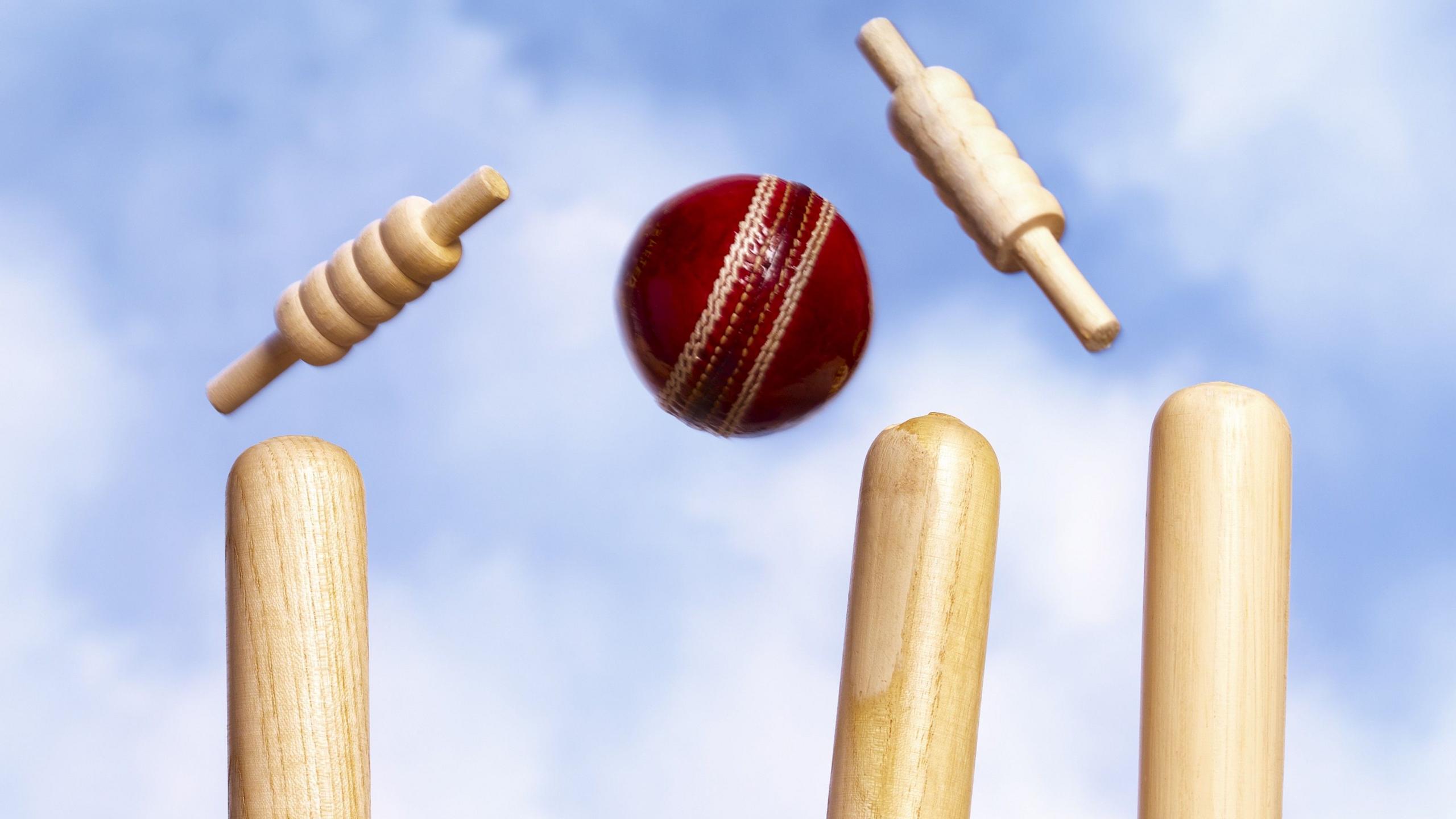 A generic shot of a cricket ball hitting stumps