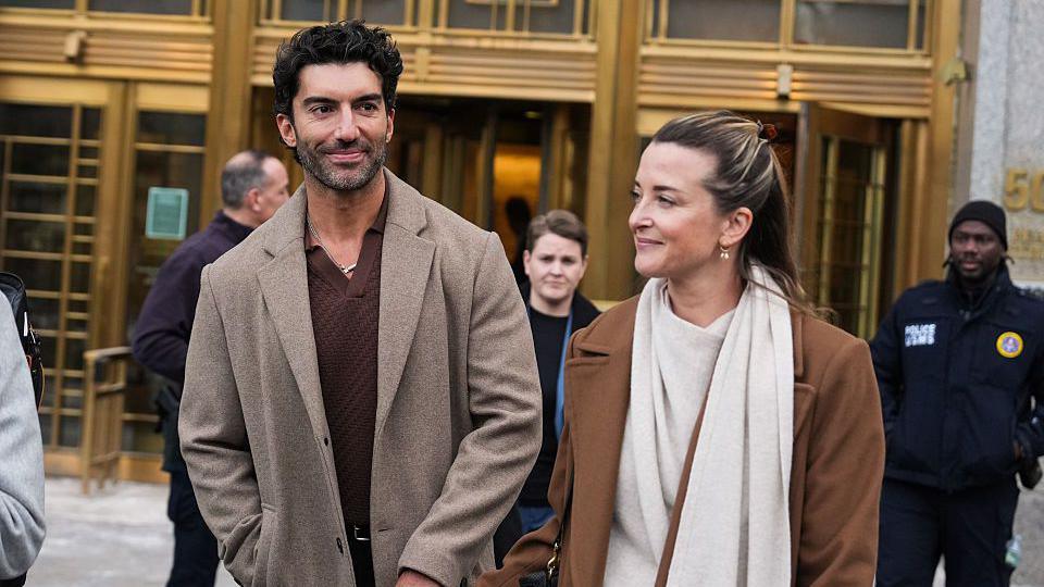 Actor Justin Baldoni and his wife, Emily, appear outside of a New York courthouse