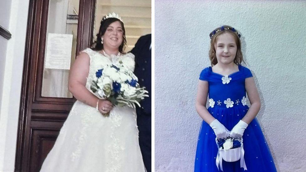 A composite image of Natalie McDonald and Valentina Foster. McDonald is wearing a white wedding dress with a tiara perched on her head. She has long dark hair and is holding a bouquet of white roses with four blue ones dotted within it. Valentina wears an electric blue dress with white flowers on the neckline and waist. She has long light brown hair with a blue and white headband. She is holding a small white basket with white and blue roses and she wears white gloves.