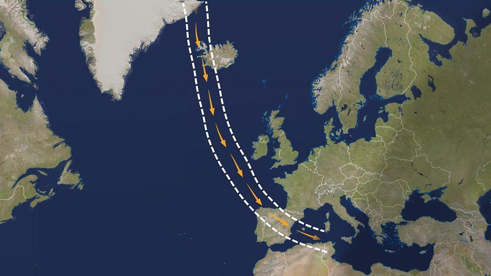 Two parallel lines drawn through Greenland, Iceland, the eastern Atlantic Ocean, Spain and Portugal, and into the western Mediterranean