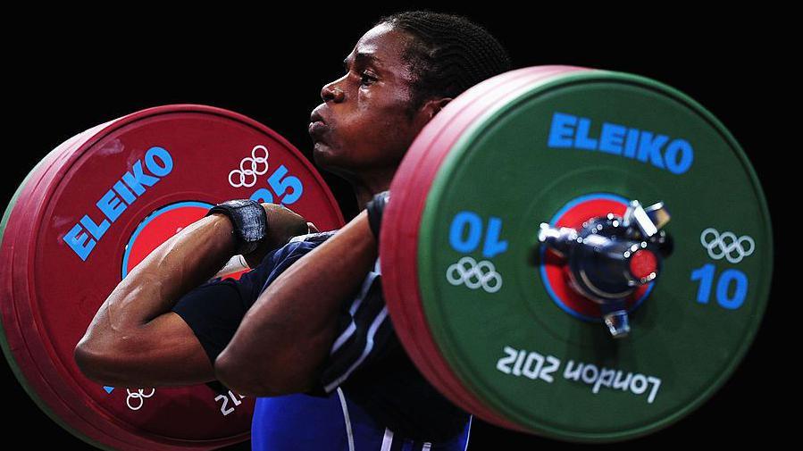 Madias Nzesso Ngake weightlifting at the London 2012 Olympics