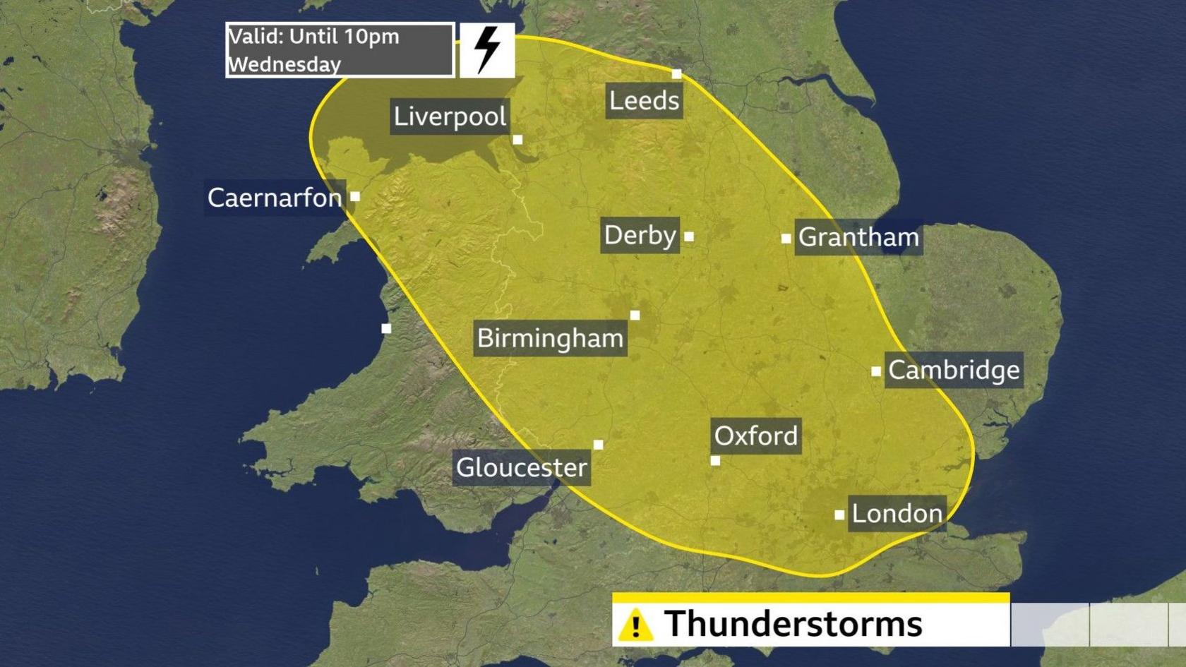 A weather map showing the yellow thunderstorm warning area for Wednesday, covering Liverpool, Leeds, Caernarfon, Derby, Grantham, Birmingham, Gloucester, Oxford, Cambridge and London.