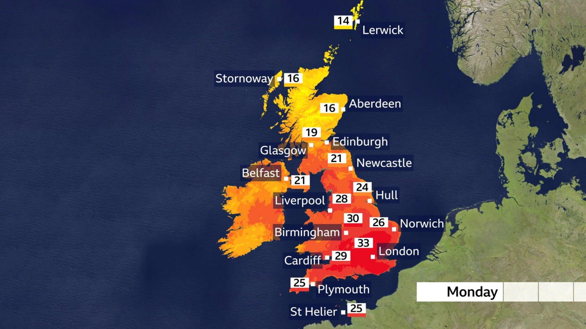 UK temperature map showing highs up to 33C in southern England on Monday, with cooler conditions in Scotland.