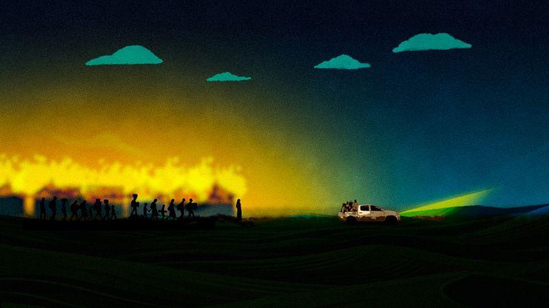 An illustration showing people fleeing an area which has been set ablaze along a road on which a pick-up truck with armed men can be seen.