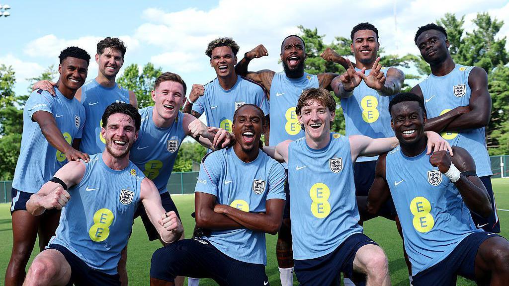 Back row: Ollie Watkins, John Stones, Elliot Anderson, Nico O'Reilly, Ivan Toney, Morgan Rogers, Bukayo Saka. Front row: Declan Rice, Djed Spence, Anthony Gordon and Marc Guehi