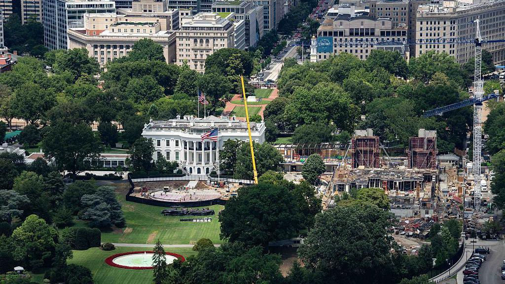 The White House helipad and new ballroom extension under construction in Washington DC on 5 August 2026