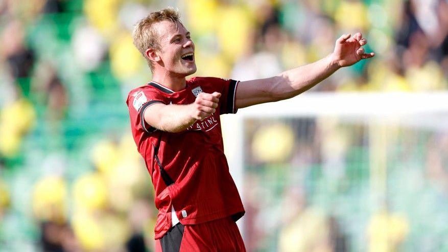 Aune Heggebo celebrates scoring for West Brom at Norwich City in the Championship