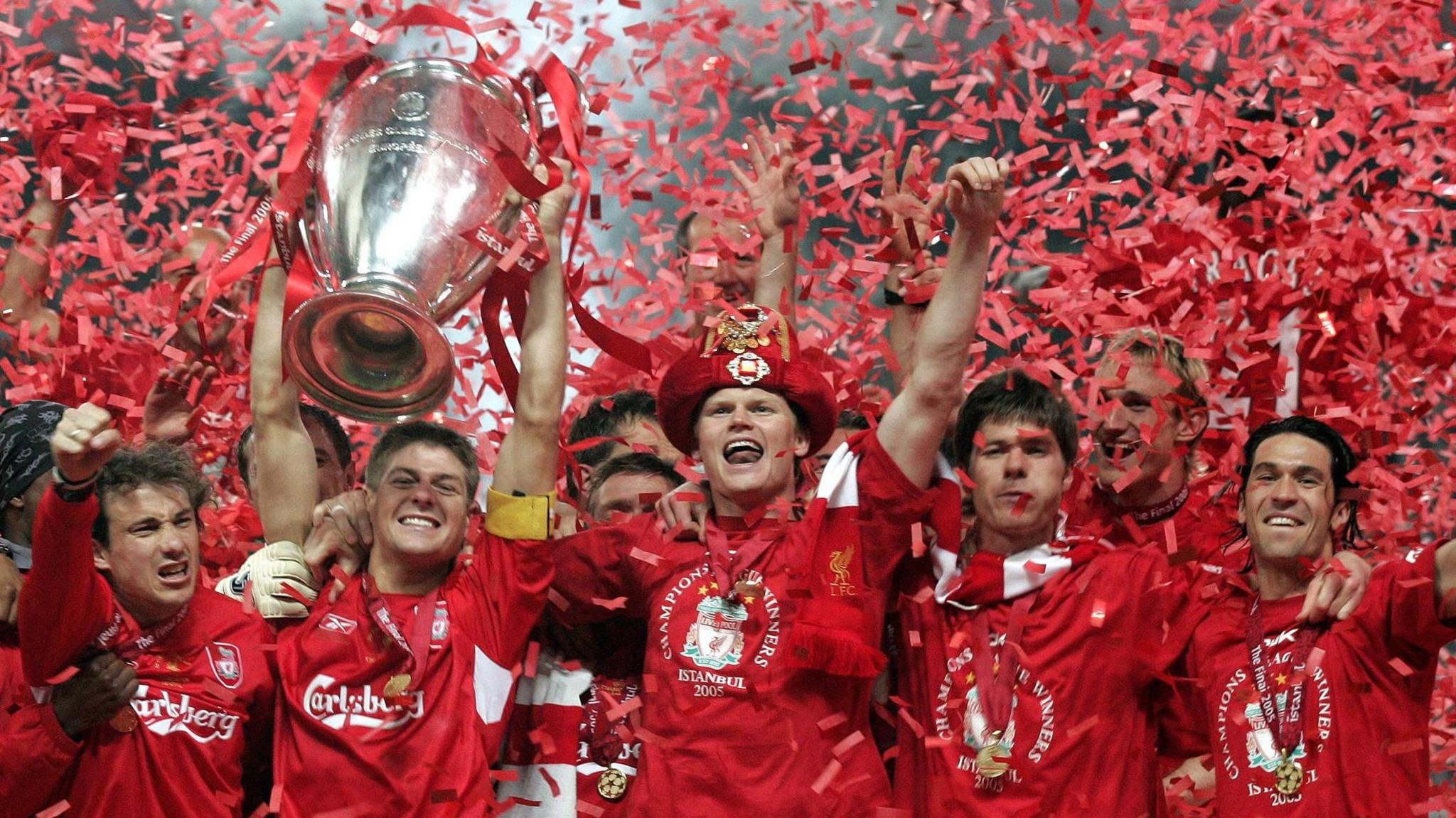 Xabi Alonso and Luis Garcia celebrate Liverpool's Champions League win in 2005