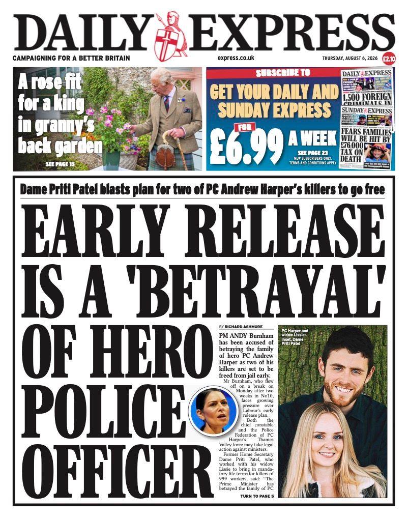 "Early release is a 'betrayal' of hero police officer" reads the headline on the front page of the Daily Express.