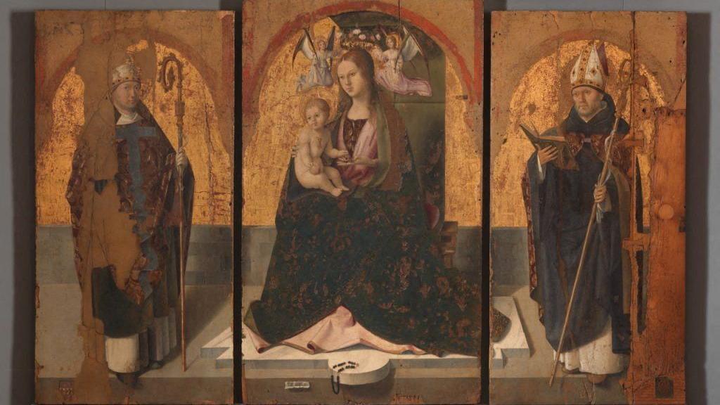 Three surviving panels of Antonello da Messina's San Gregorio Polyptych, showing the Virgin Mary and Christ, St Gregory and St Benedict
