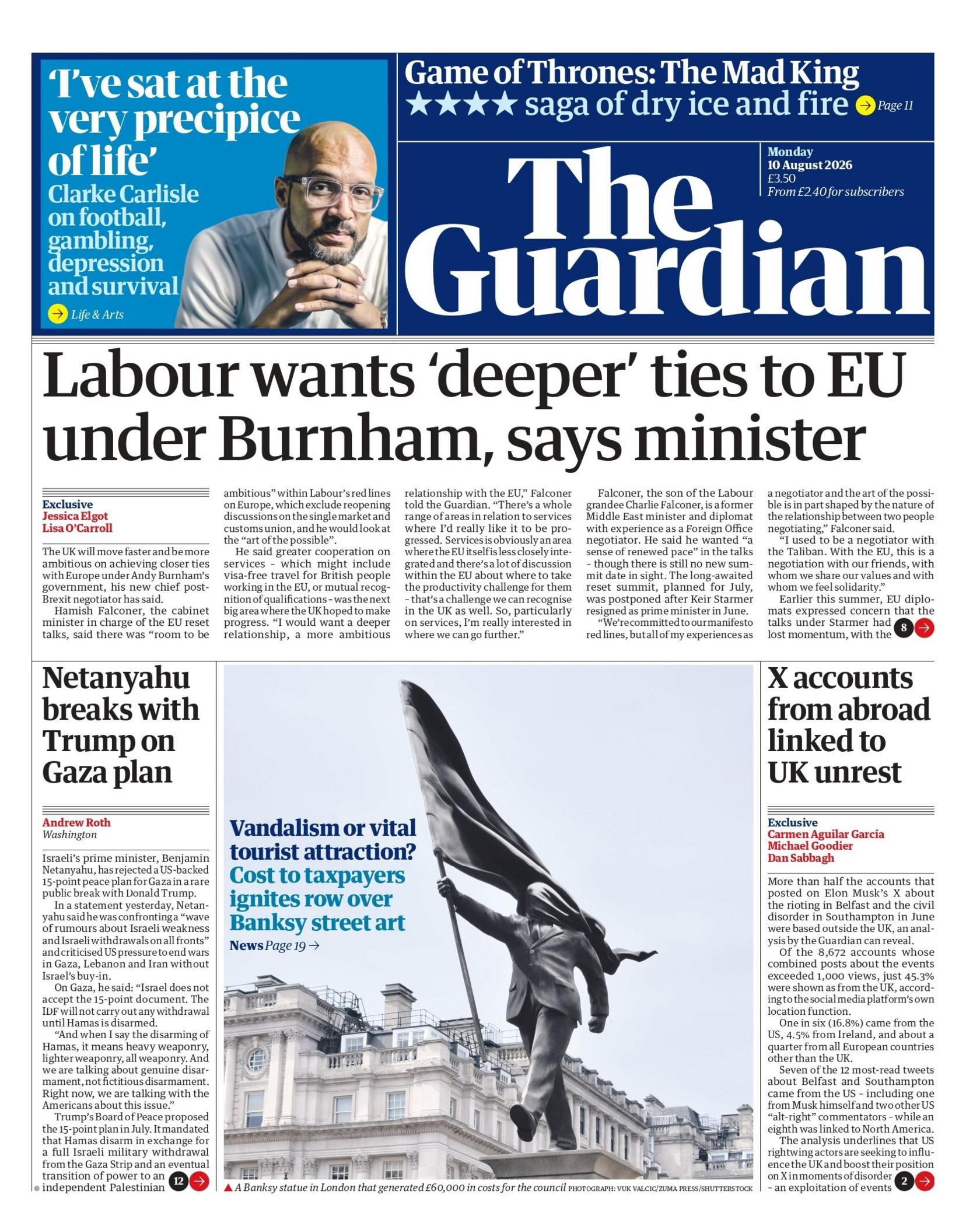 "Labour wants 'deeper' ties to EU under Burnham, says minister," reads the headline on the front page of the Guardian.