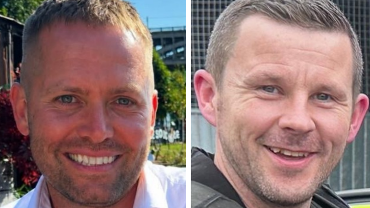 Pictures of the two officers. Both are smiling. PC Blades, left, has stubble and short fair hair. PC Clough also has stubble and short dark hair.