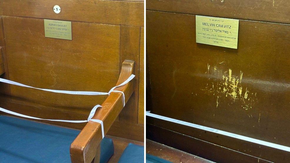 A composite image of two wooden seats in the synagogue, shown in close up. Both have white ribbon tied from arm to arm to prevent their use. There is a small gold coloured rectangular plaque on each, bearing the name and a tribute to Adrian Daulby, on the left, and Melvin Cravitz on the right. The seat cushion is a blue colour.