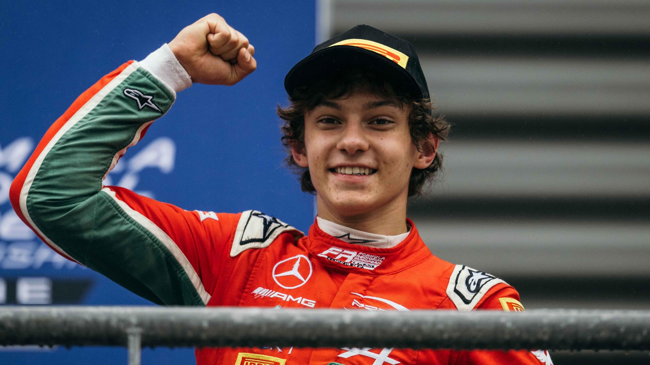 Kimi Antonelli clenches his right fist in celebration after victory in the 2023 Freca championship