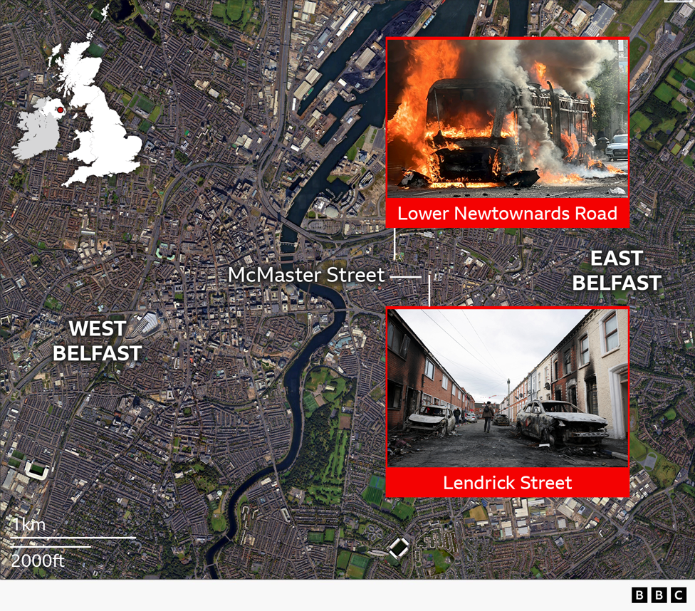 A map showing the location of violence in East Belfast.