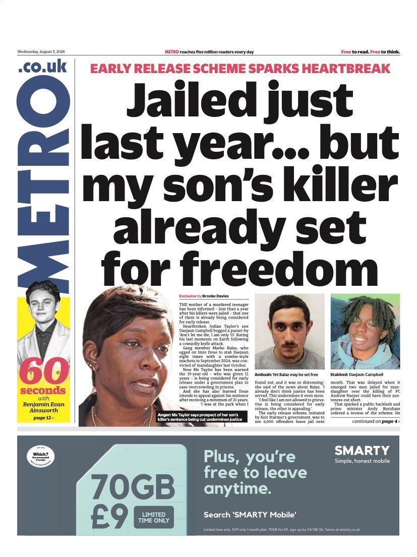 "Jailed just last year... but my son's killer already set for freedom" reads the headline on the front page of Metro.