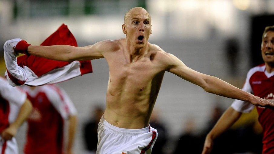 Kevin Ellison celebrates scoring for Rotherham United in a play-off game against Aldershot Town in 2010
