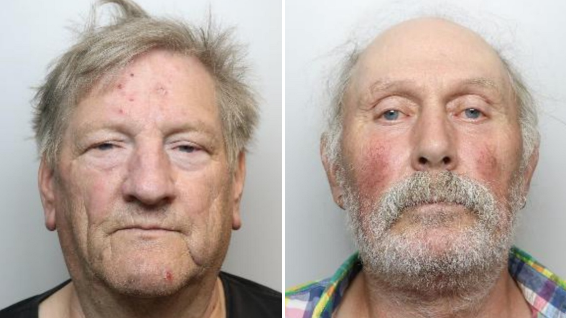 A side-by-side composite containing two head-and-shoulders portrait photographs against a plain light grey background. On the left side, Wright is facing directly toward the camera. He has short, light-coloured hair that appears slightly tousled. Several small red marks are visible on the forehead, and another red mark is visible on the chin. The eyes are partially open, and the face is evenly lit. He is wearing a dark-coloured top, of which only the upper neckline and shoulders are visible.  On the right side, Schwalbe is also facing directly toward the camera. He has very little hair on the top of the head, with some light-coloured hair remaining around the sides. A full white beard and moustache cover the lower face. He is wearing a multi-coloured plaid shirt with green, blue, yellow, and purple tones visible near the collar and shoulders.