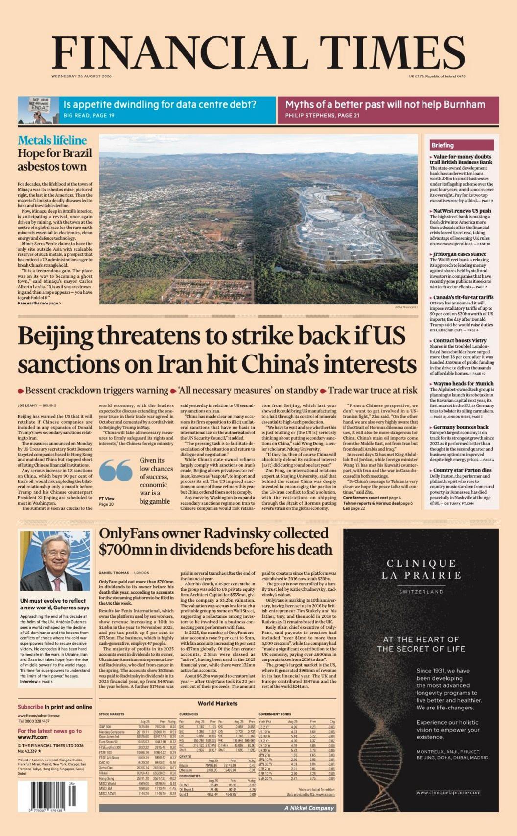 The headline on the front page of the Financial Times reads: "Beijing threatens to strike back if US sanctions on Iran hit China's interest."