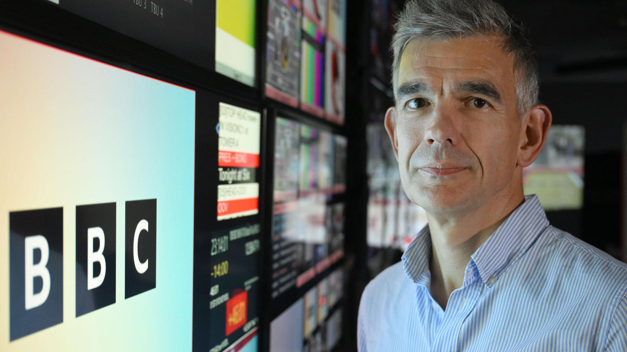 BBC director general Matt Brittin pictured the Studio B2 gallery at BBC Broadcasting House, London