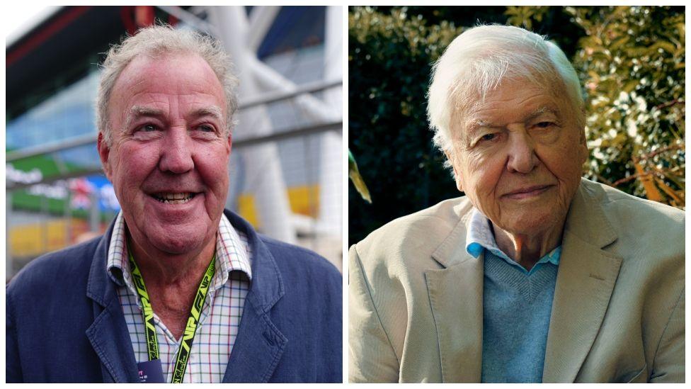 Two pictures side-by-side of Jeremy Clarkson and David Attenborough. Jeremy Clarkson is wearing a navy jacket over a white shirt patterned with red and blue stripes. David Attenborough is wearing a beige jacket over a light blue jumper