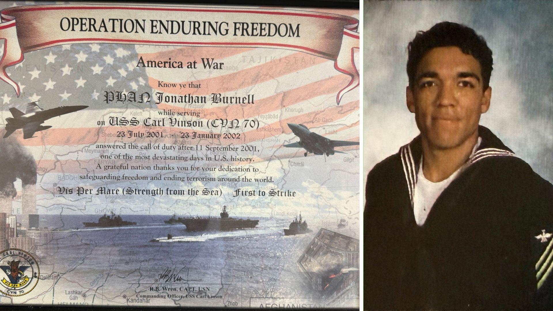 Burnell's certificate from the Navy, next to a photo of him in his sailor's uniform