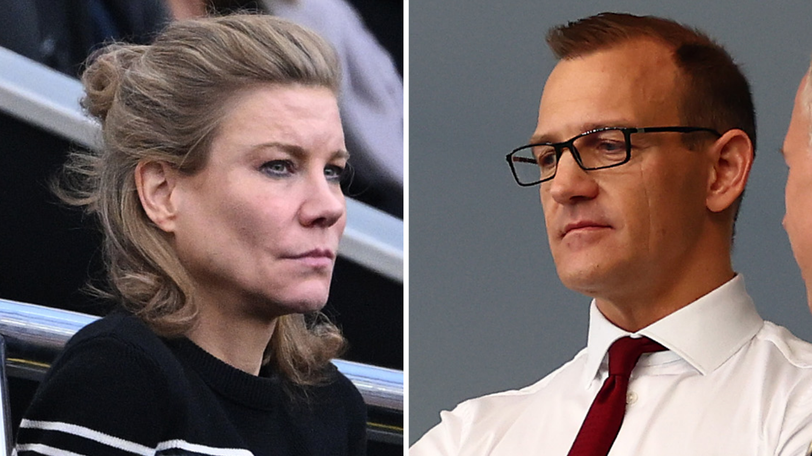 Amanda Staveley, pictured left in a black and white jumper at a Newcastle v West Ham game in March 2024, and Daniel Kretinsky, pictured right standing at the London Stadium with his arms folded and wearing glasses and a smart white shirt and claret tie