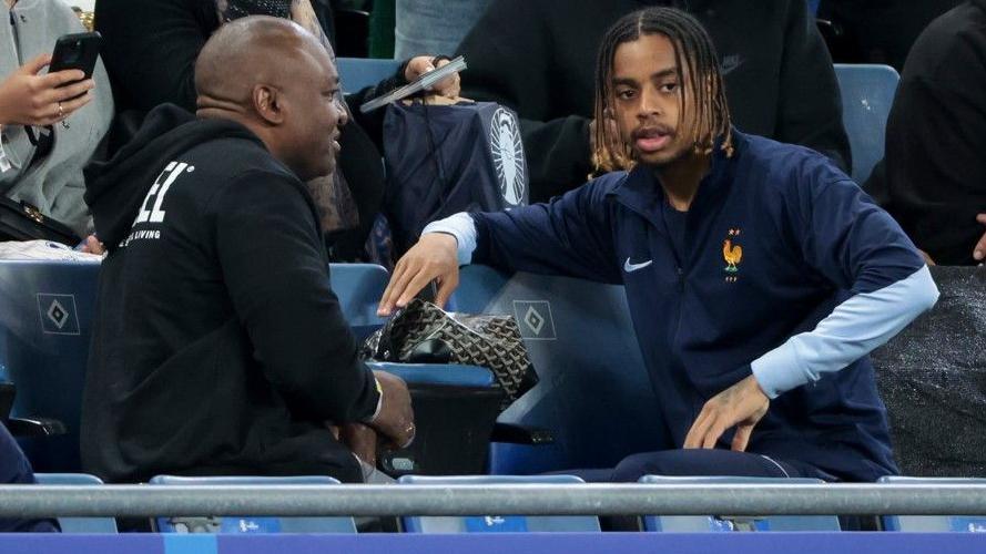 Bradley Barcola and his father Yves Barcola following the Euro 2024 quarter-final match between Portugal and France in Hamburg, Germany.