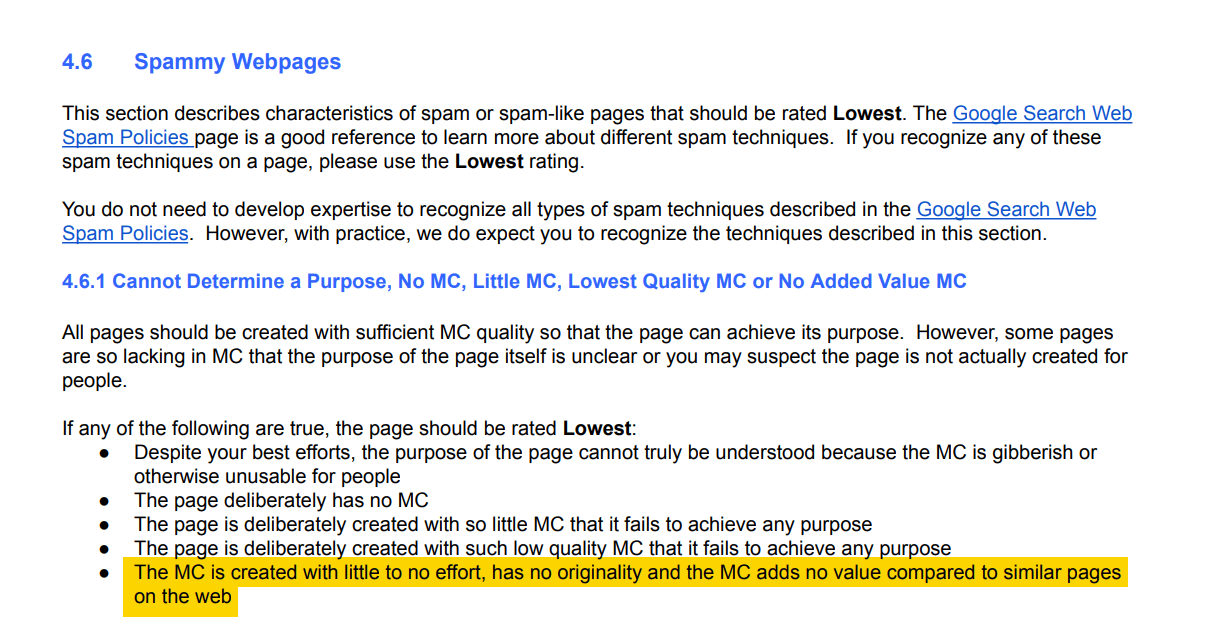 Document section on "Spammy Webpages" with a highlighted bullet point: "The MC is created with little to no effort..."