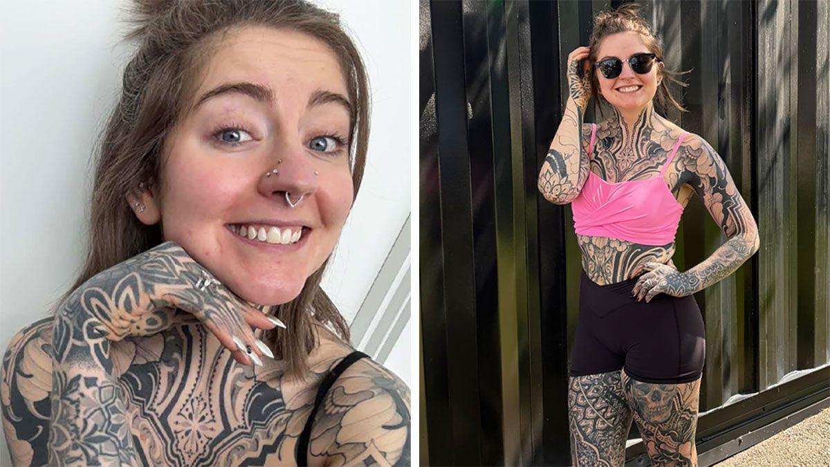Two-way split of psychologist Dr Alyssa Grocutt who is tattooed all over her body apart from her face.
